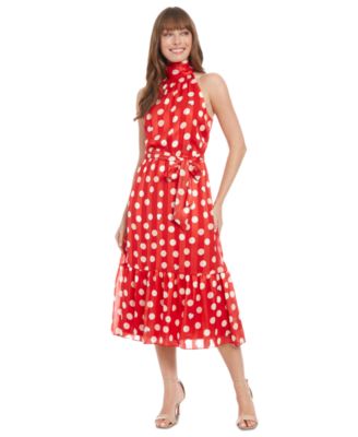 London Times - Women's Polka-Dot Tie-Waist Mock-Neck Dress