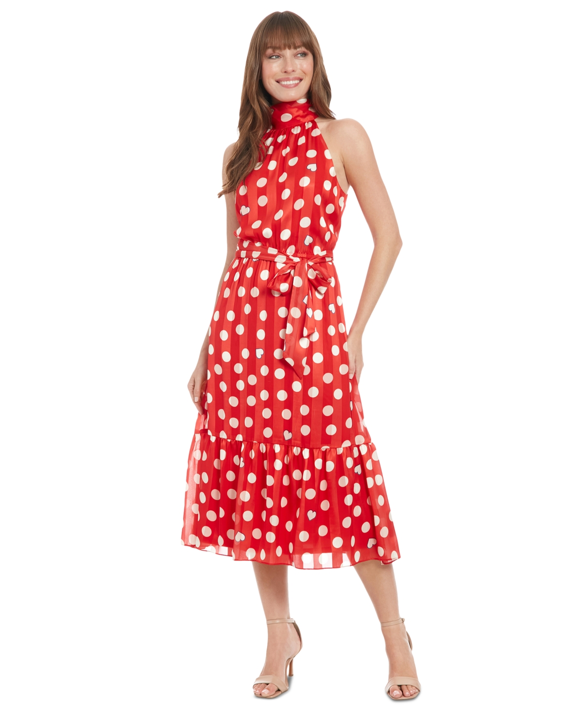 London Times Women's Polka-dot Tie-waist Mock-neck Dress In Red,cream