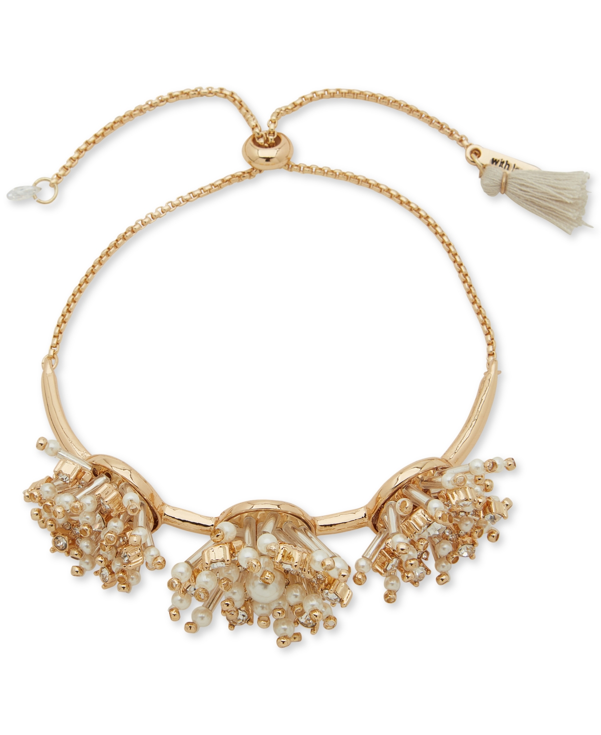 Gold-Tone Pave & Imitation Pearl Starburst Slider Bracelet - White