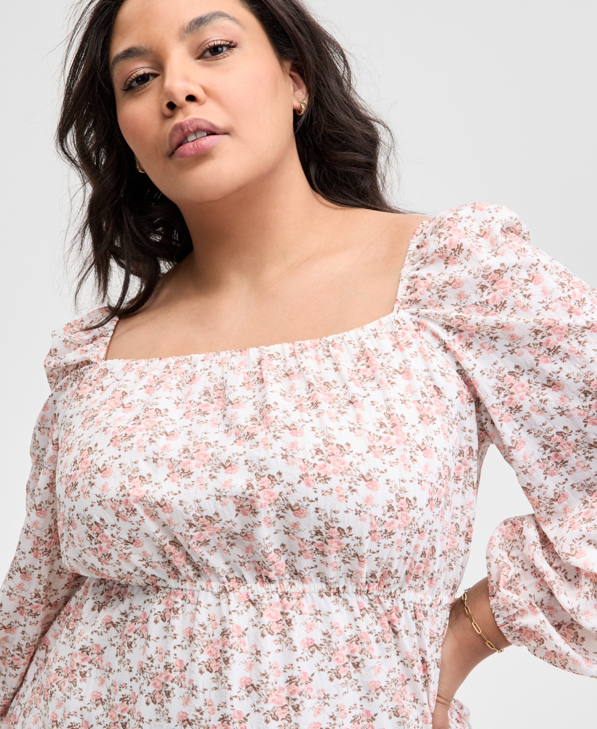 And Now This Trendy Plus Size Printed Peasant Mini Dress, Exclusively At Macy's In Calla Lilly Peach Toast