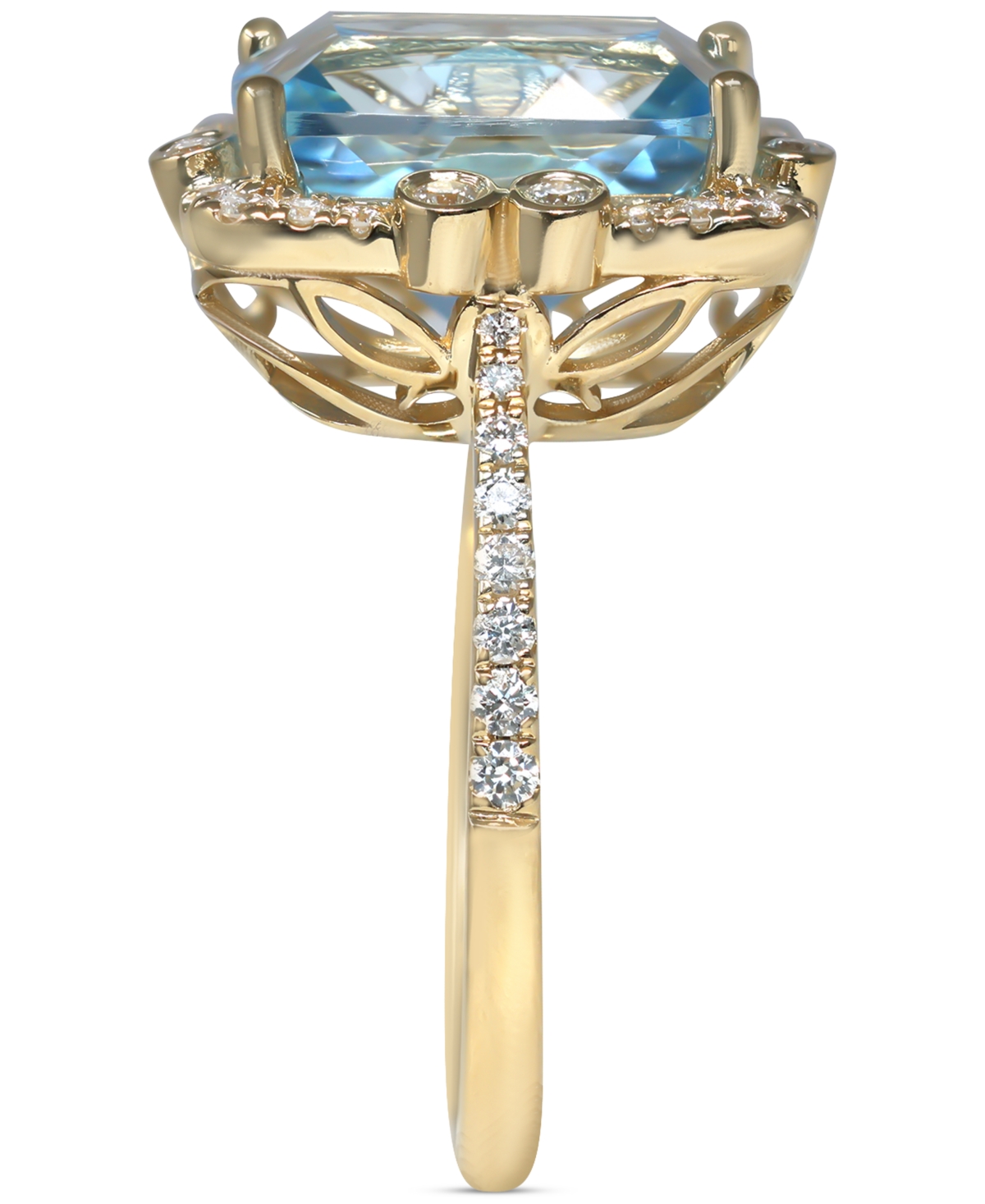Macy's Blue Topaz (6 Ct. T.w.) & Diamond (1/2 Ct. T.w.) Cushion Halo Ring In 14k Gold In Blue Topaz