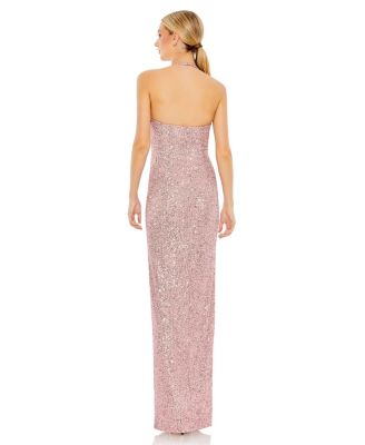 Women's Sequined Halter Strap Low Side Knot Gown