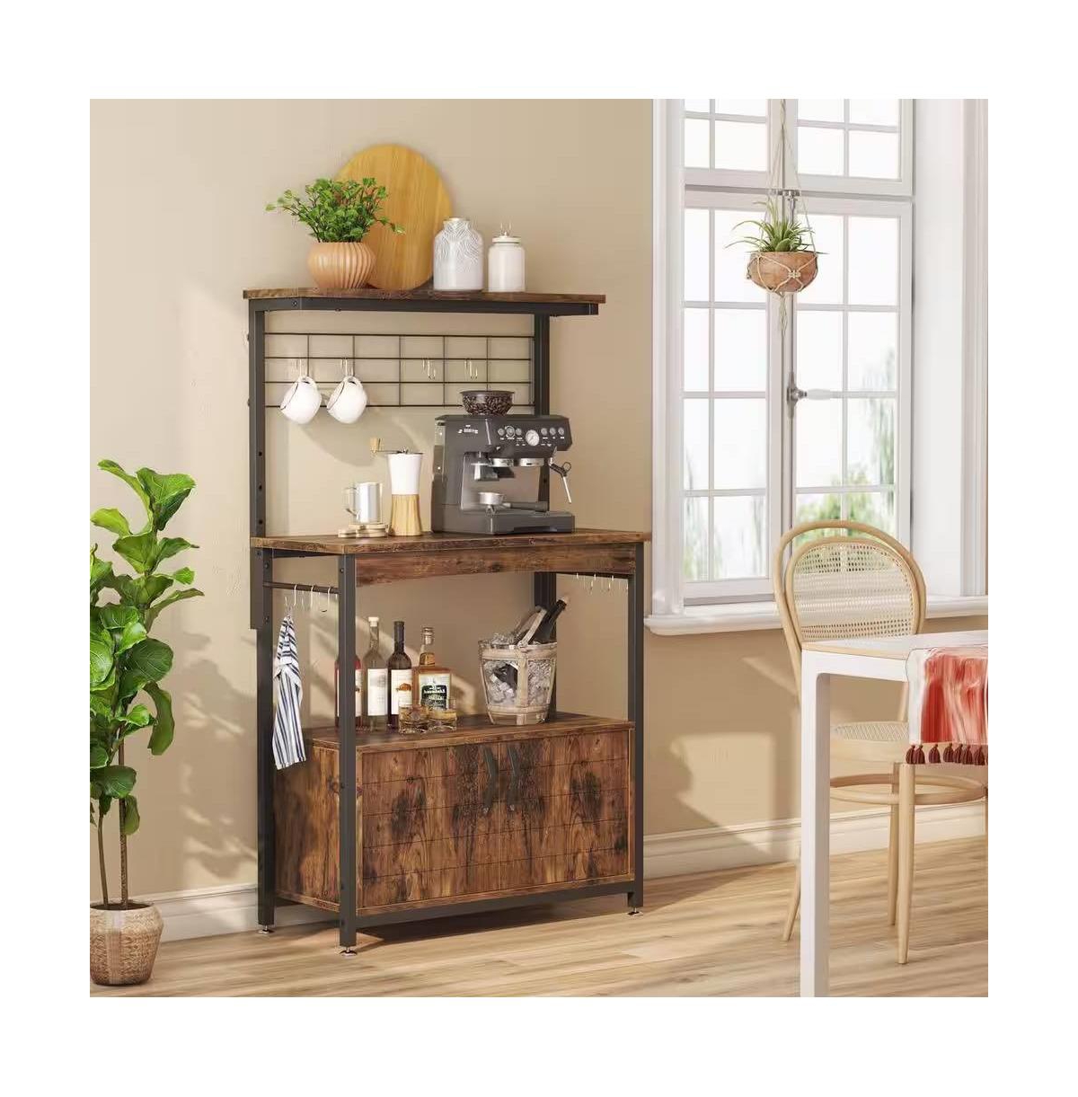 Slickblue Industrial Kitchen Metal Wood Bakers Rack Microwave Cart with Storage Cabinet