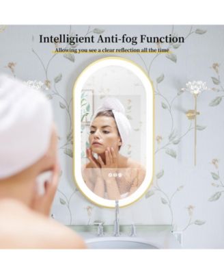 Oval Led Bathroom Mirror Gold Frame Makeup Mirror Anti-Fog Stepless Dimming 3 Color