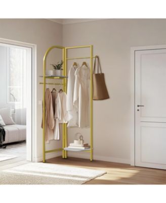 Gold Metal Corner Coat Rack: Garment Rack with 2 Shelves Storage Hanging Clothes