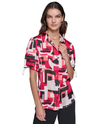 KARL LAGERFELD PARIS - Women's Printed Short Bungee-Sleeve Blouse
