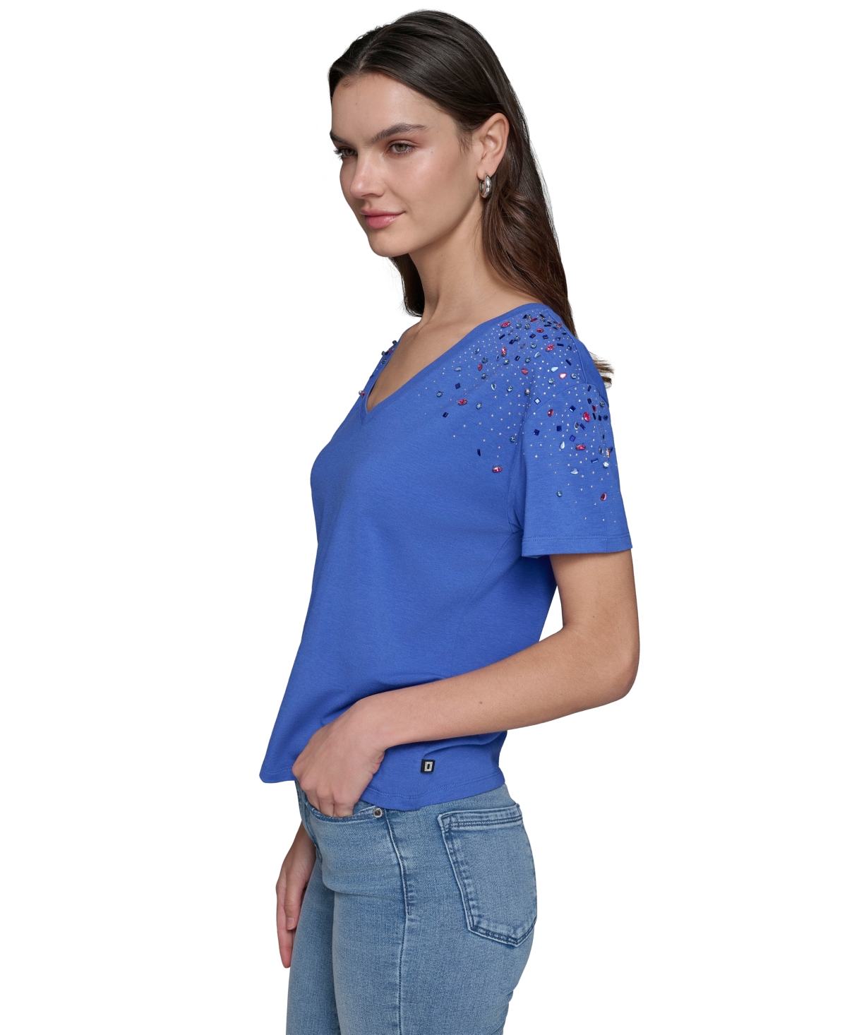 Shop Karl Lagerfeld Women's Embellished V-neck T-shirt In Electric Indigo