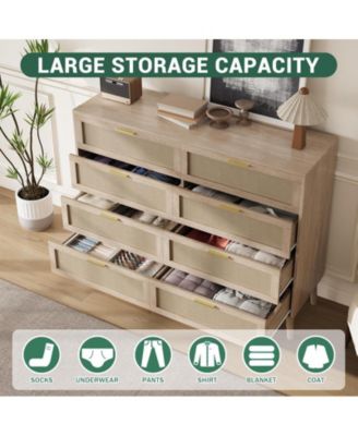 8 Drawer Rattan Dresser, 47.2" x 15.7" x 37" Rattan Chest of Dressers, Mid Century Modern Dresser for Closet with Handles, Large Table Top, Dresser Bedroom, Living Room, Hallway, Entryway