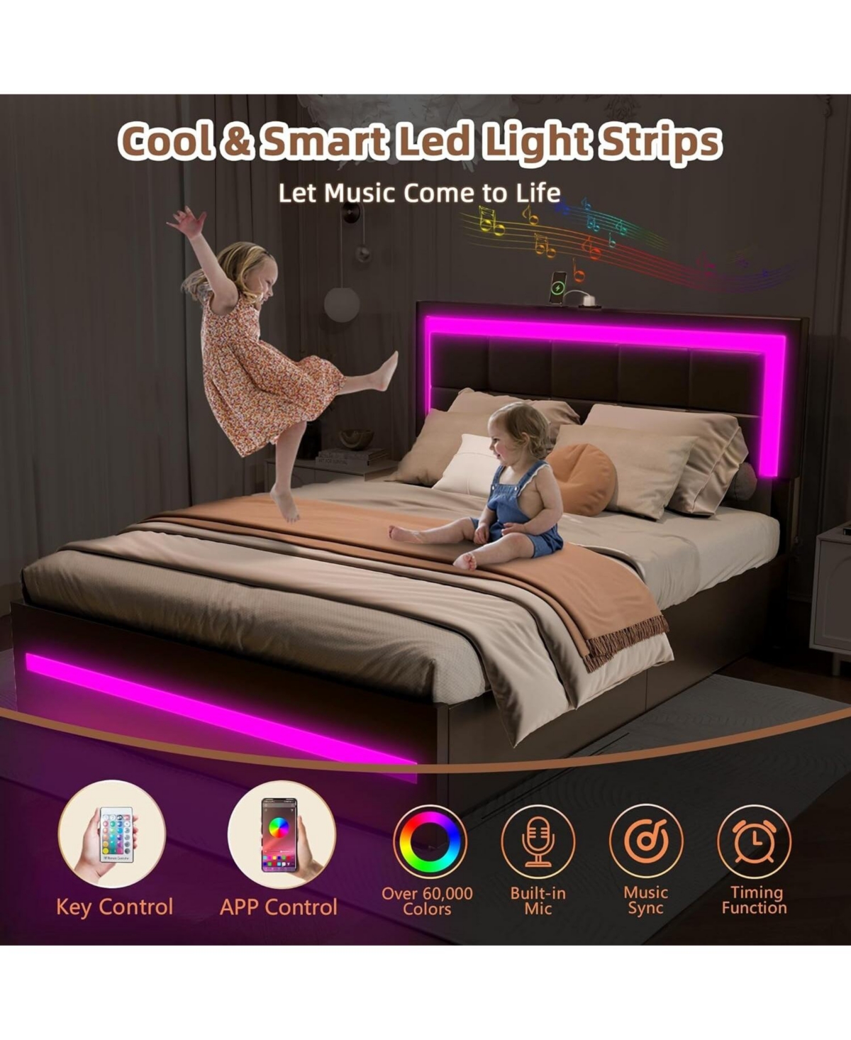 Dyhome Bed Frame with Led Lights and 4 Storage Drawers, Upholstered Platform Led Bed Frame Size with Charging Station Button Pu Leather Head