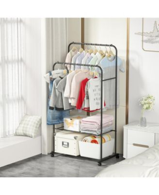 Double Rail Clothes Stand: Garment Rack on Wheels with Storage Shelves