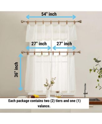 Lena Burlap Flax Linen Semi Sheer 3 Piece Kitchen Curtains Set, Light Filtering Transparent Window Tab Top Valance + Tiers Set (Natural Linen)