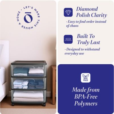 Tall Solid Plastic 3 Drawer Medium Storage Cart with Caster Wheels, Black