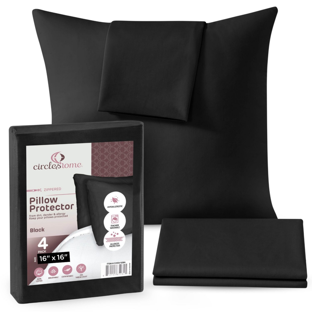 Circles Home Circles Home, 100% Cotton Zippered Pillow Protector 4 Pack - Black