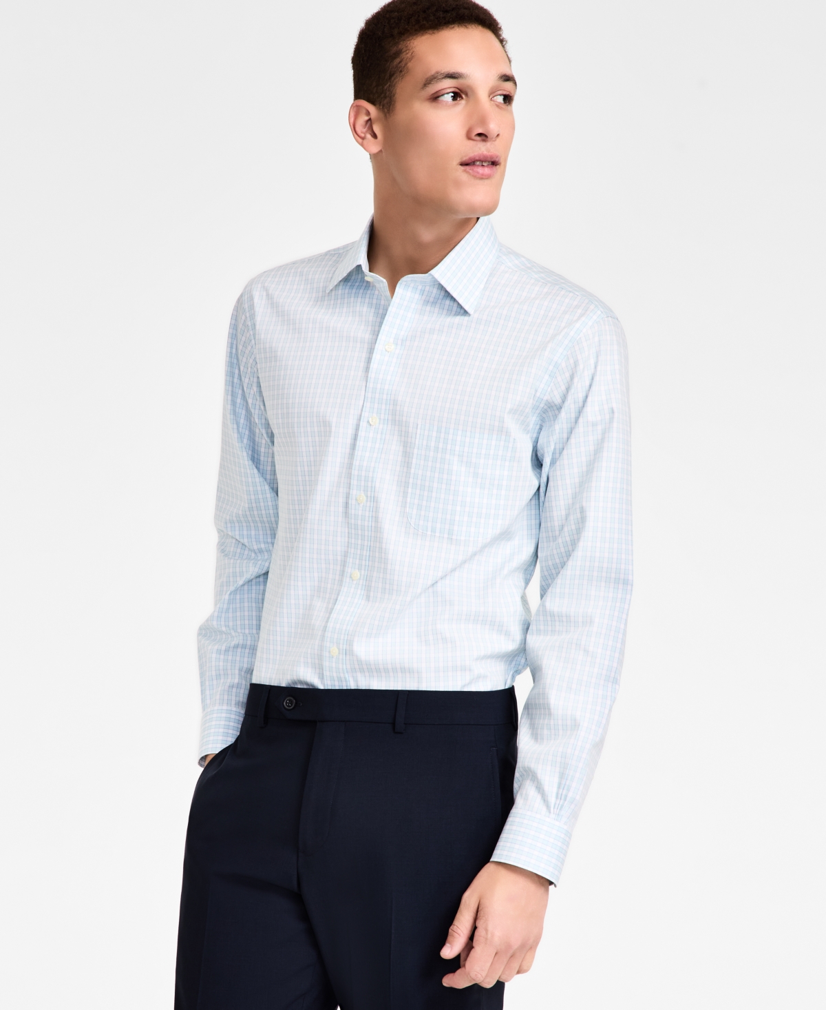 Men's Regular-Fit Non-Iron Spread Collar Gingham Pinpoint Dress Shirt - Aqua