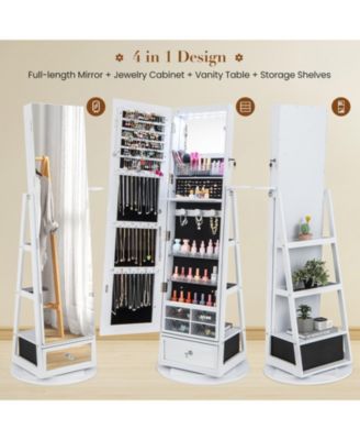 Lockable 360° Swivel Jewelry Cabinet with Full-Length Mirror LED Lights