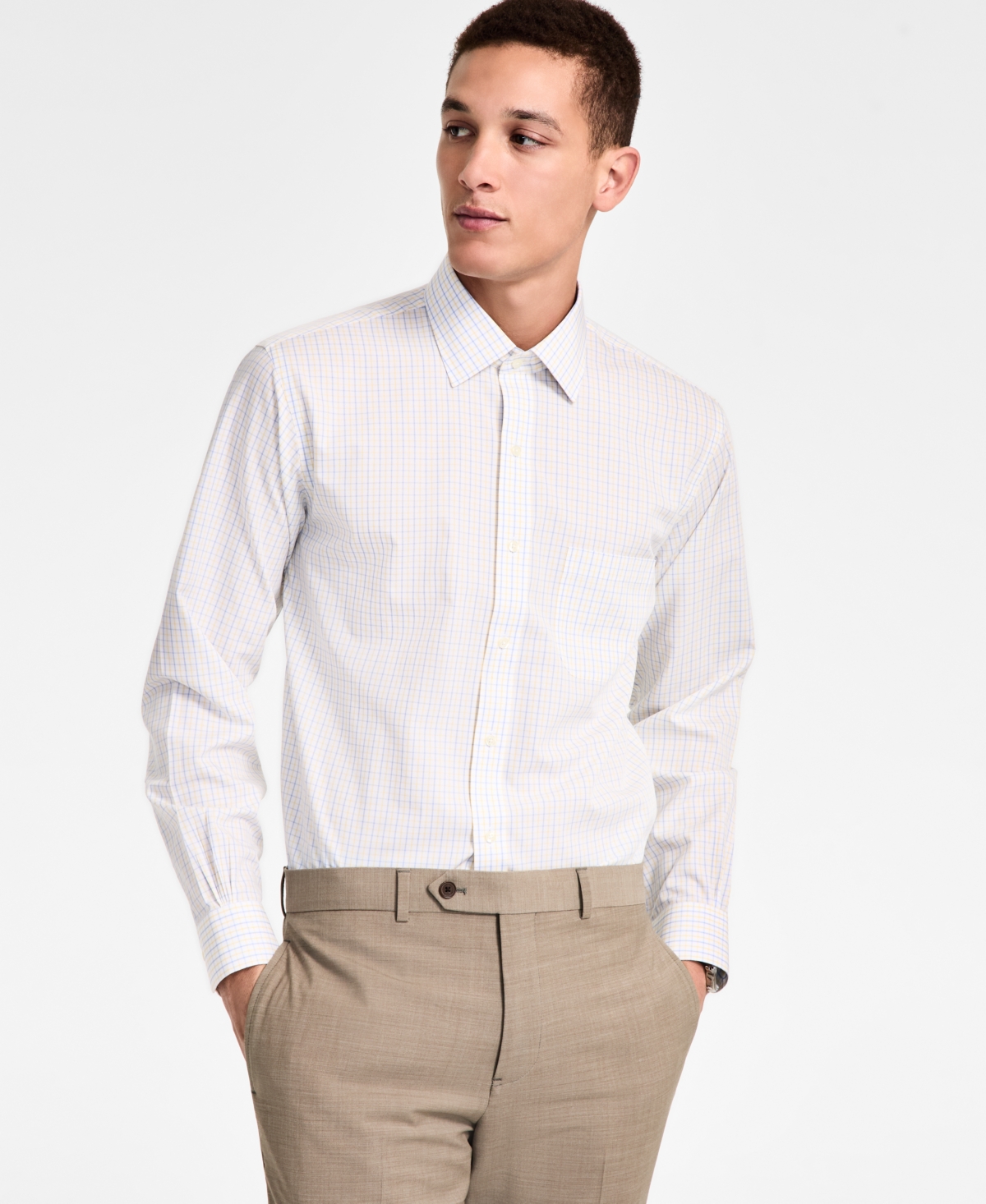 Men's Regular-Fit Non-Iron Spread Collar Tattersall Broadcloth Dress Shirt - Yellow