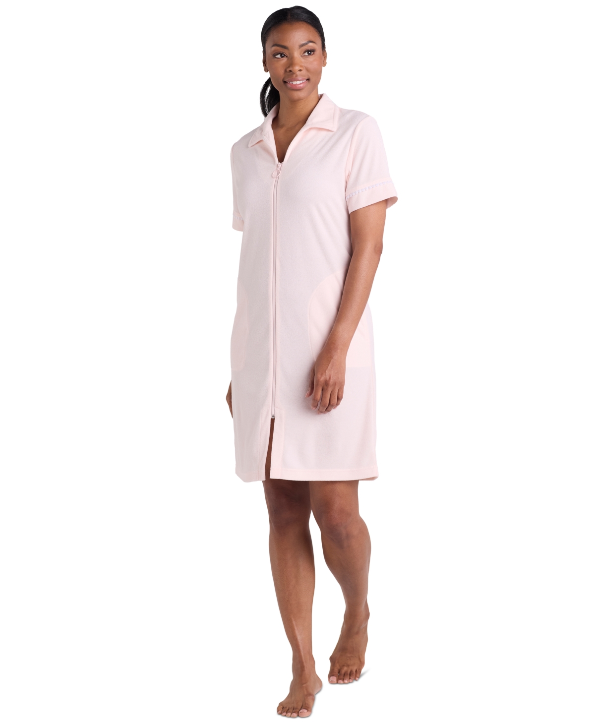 Women's Short-Sleeve Solid Short Zip Robe - Navy