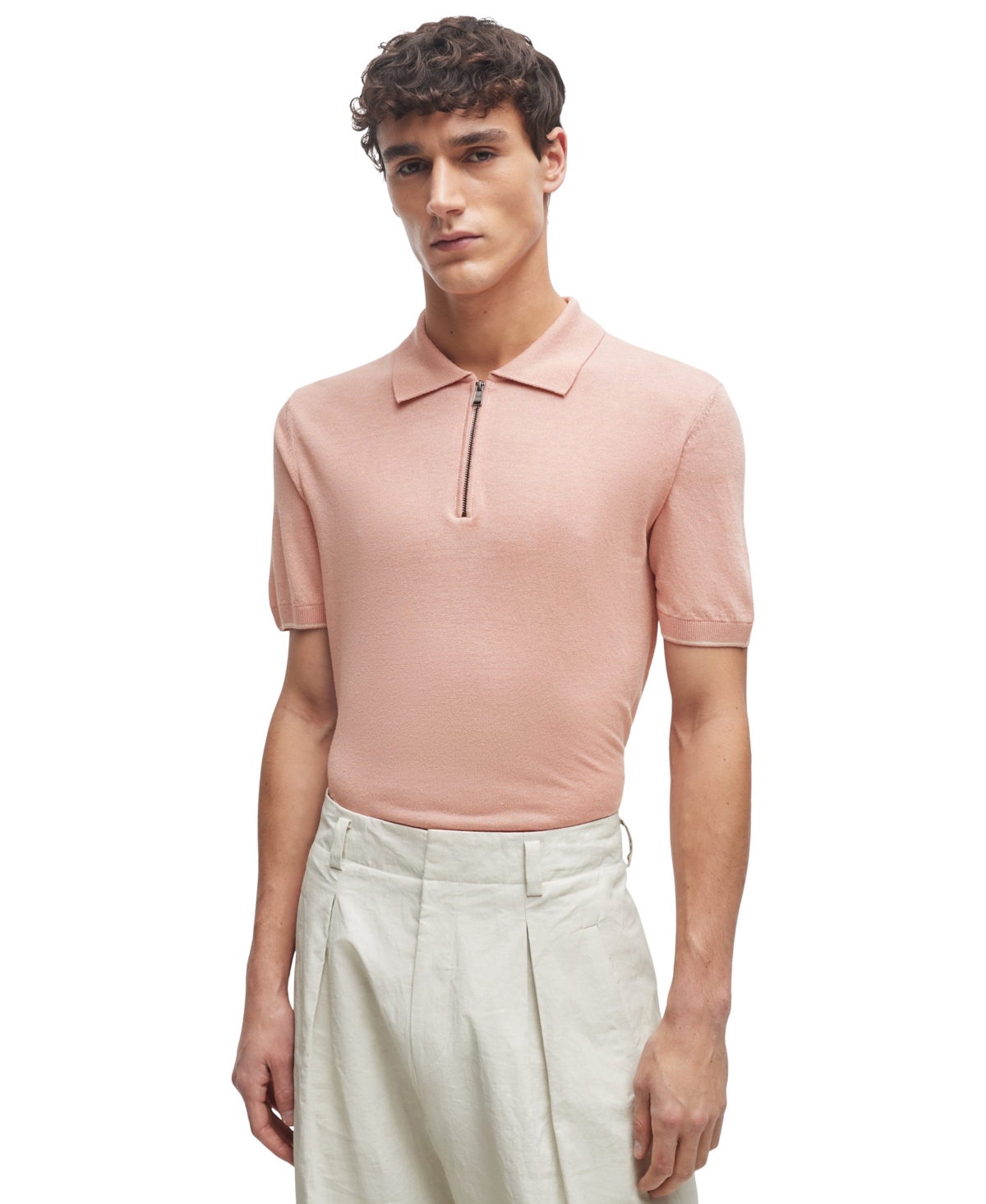 Shop Hugo Boss Boss By  Men's Zip-neck Knit Polo In Open Pink