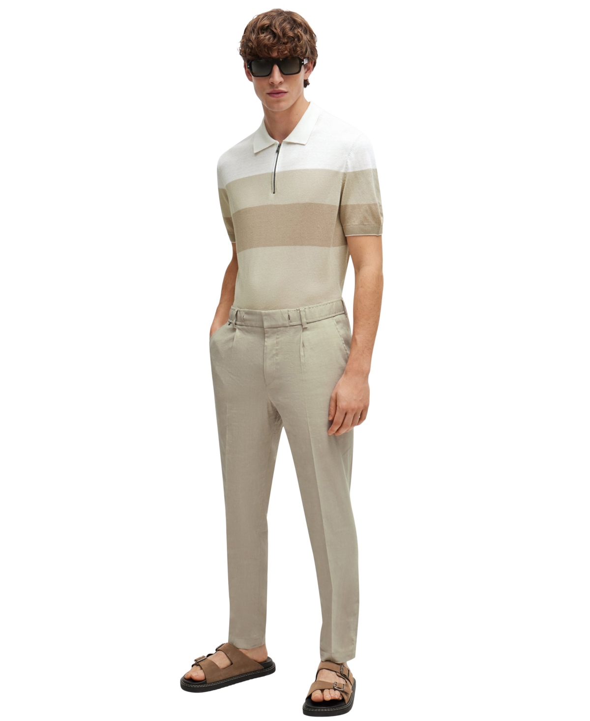 Shop Hugo Boss Boss By  Men's Zip-neck Knit Polo In Open Beige
