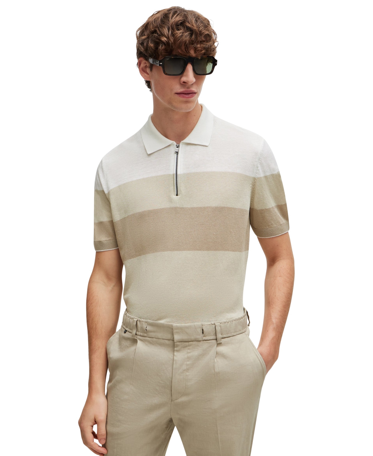 Shop Hugo Boss Boss By  Men's Zip-neck Knit Polo In Open Beige