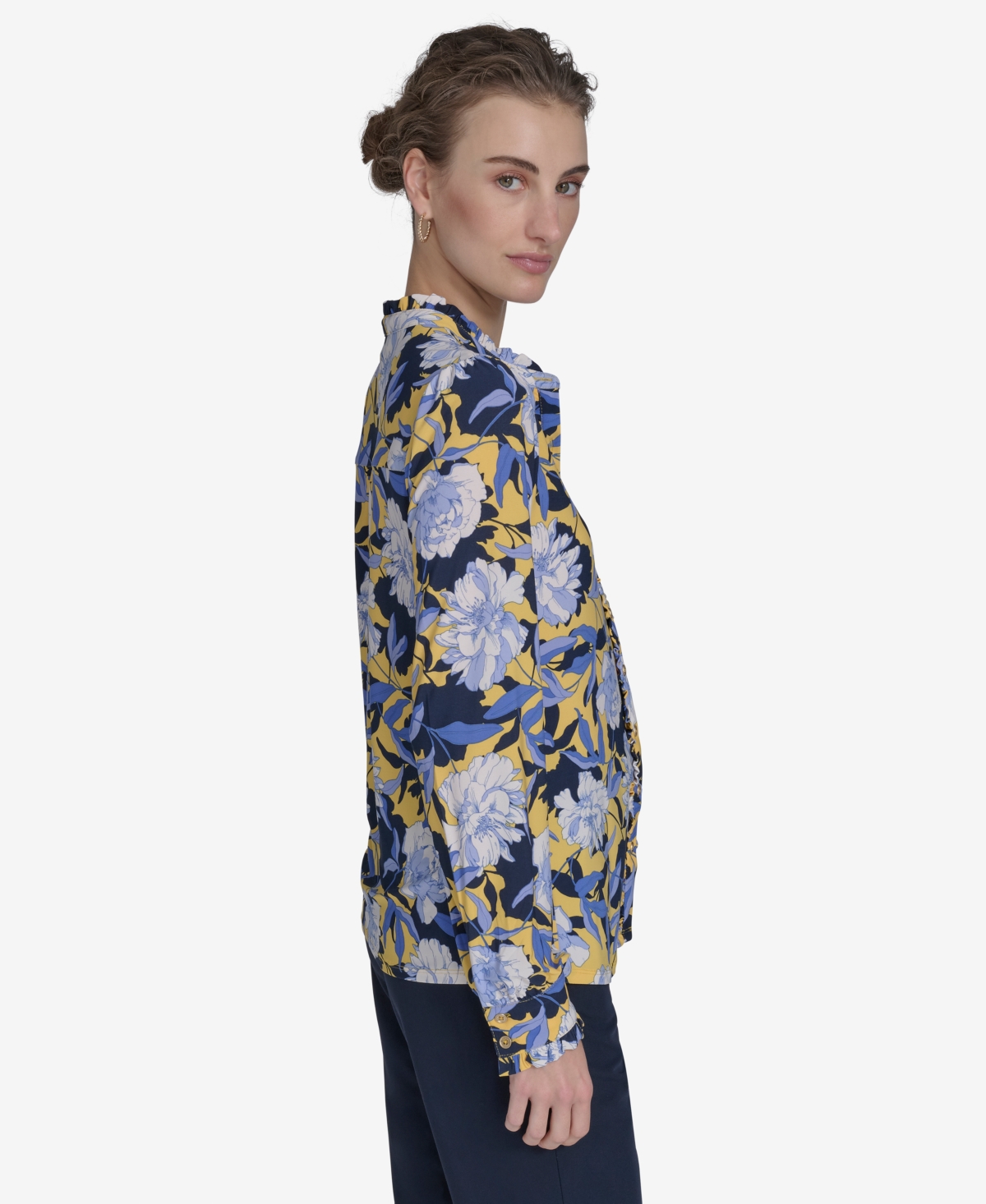 Tommy Hilfiger Women's Floral-print Ruffled-placket Button-down Knit Top In Deep Maize Multi