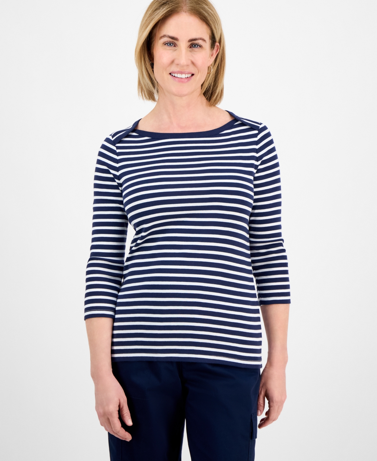 STYLE & CO PETITE COTTON STRIPED BOAT-NECK 3/4-SLEEVE TOP, EXCLUSIVELY AT MACY'S 