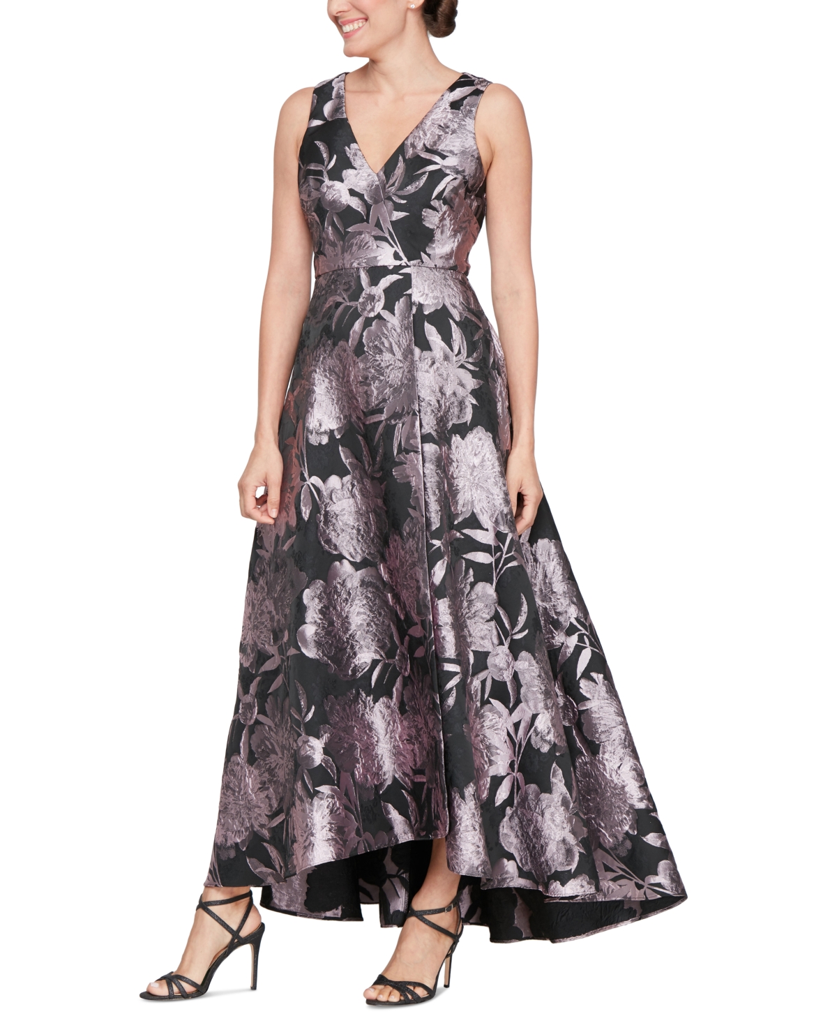 Women's V-Neck Printed Sleeveless Gown - Black/Blush