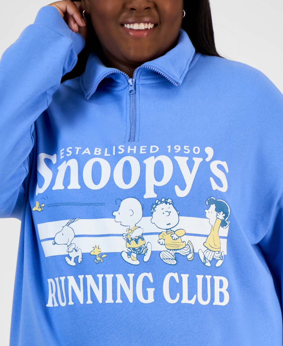 Shop Love Tribe Trendy Plus Size Snoopy Running Club Half-zip Sweatshirt In Provence