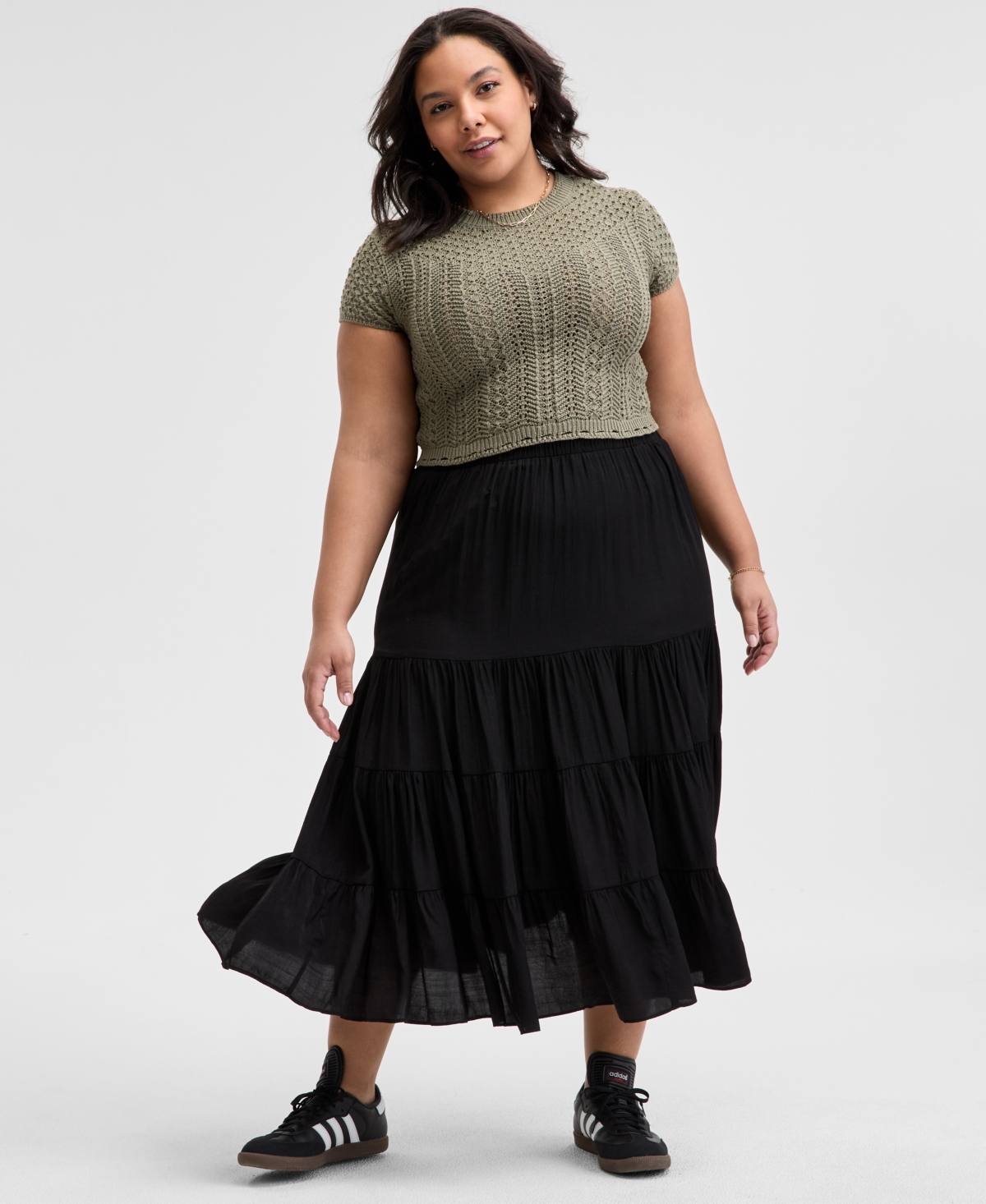 Plus Size Pull-On Tiered Midi Skirt - Crushed Oregano