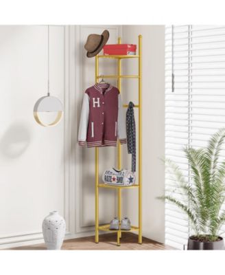 Freestanding Gold Metal Coat Rack: Clothes Stand with Shelves Storage