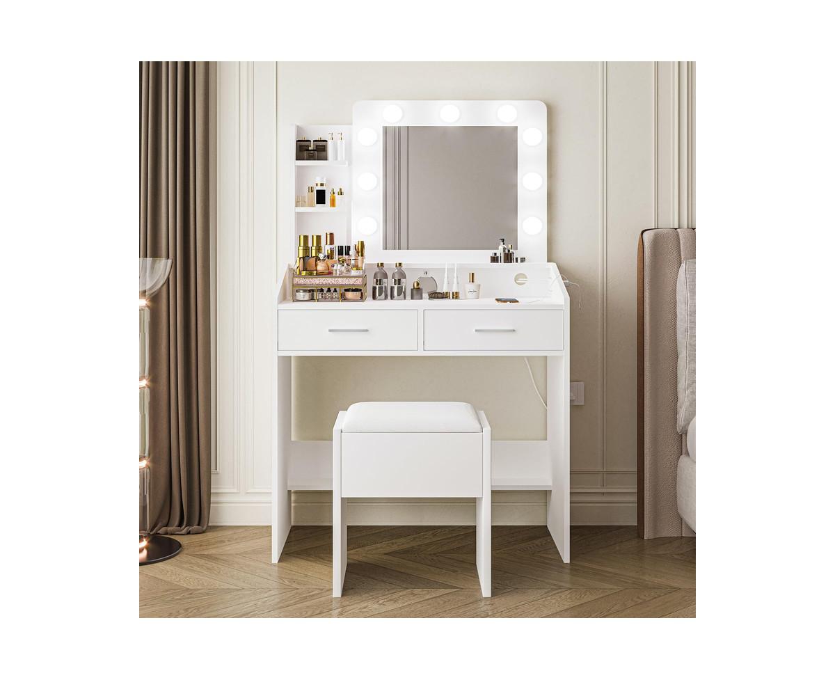 gaomon Vanity Desk with Mirror and Lights, Makeup Vanity with Power Outlet & Cushioned Stool, 3 Lighting Modes Adjustable Brightness, Dressing Table w