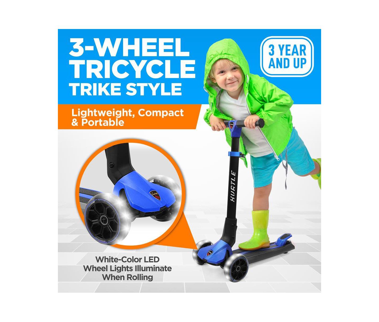 Детская игрушка Hurtle 3-Wheel Foldable Kids Scooter With LED Wheel Lights - Blue — фото 4