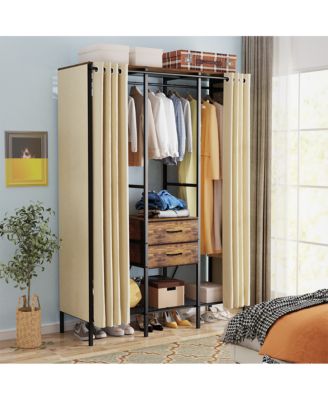 Dust-Proof Clothes Rack: Heavy Duty Clothes Rack with Closet Curtain Shelves Drawers