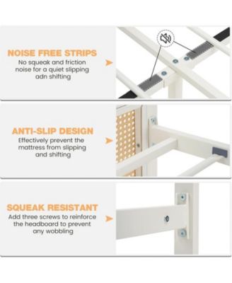 King Size Rattan Bed Frame with Headboard, White Boho Cane Platform Bed Frame with Strong Metal Slat, Noise Free, No Box Spring Needed