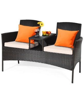 Patented Cushioned Rattan Wicker Patio Conversation Set Loveseat Table