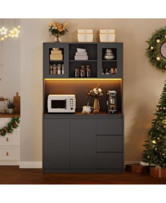 Kitchen Pantry Cabinet with Charging Station, Tall Storage Cabinet with Countertop and LED Lights, Pantry with Drawers and Glass Doors
