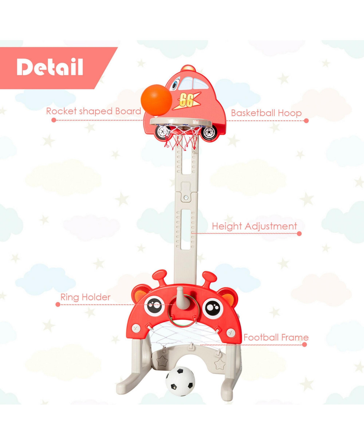 Gymax 3-in-1 Basketball Hoop for Kids Adjustable Height Playset w/ Balls - Red+beige