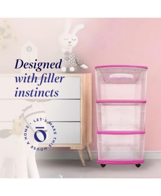 Plastic 3 Drawer Medium Storage Container Tower, Clear Drawers/Purple Frame