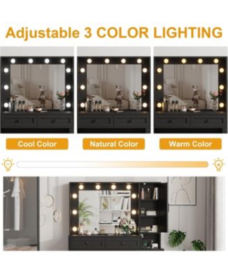 Makeup Vanity Stool Set, Small Vanity Desk with Lighted Mirror, Charging Station, 5 Drawers