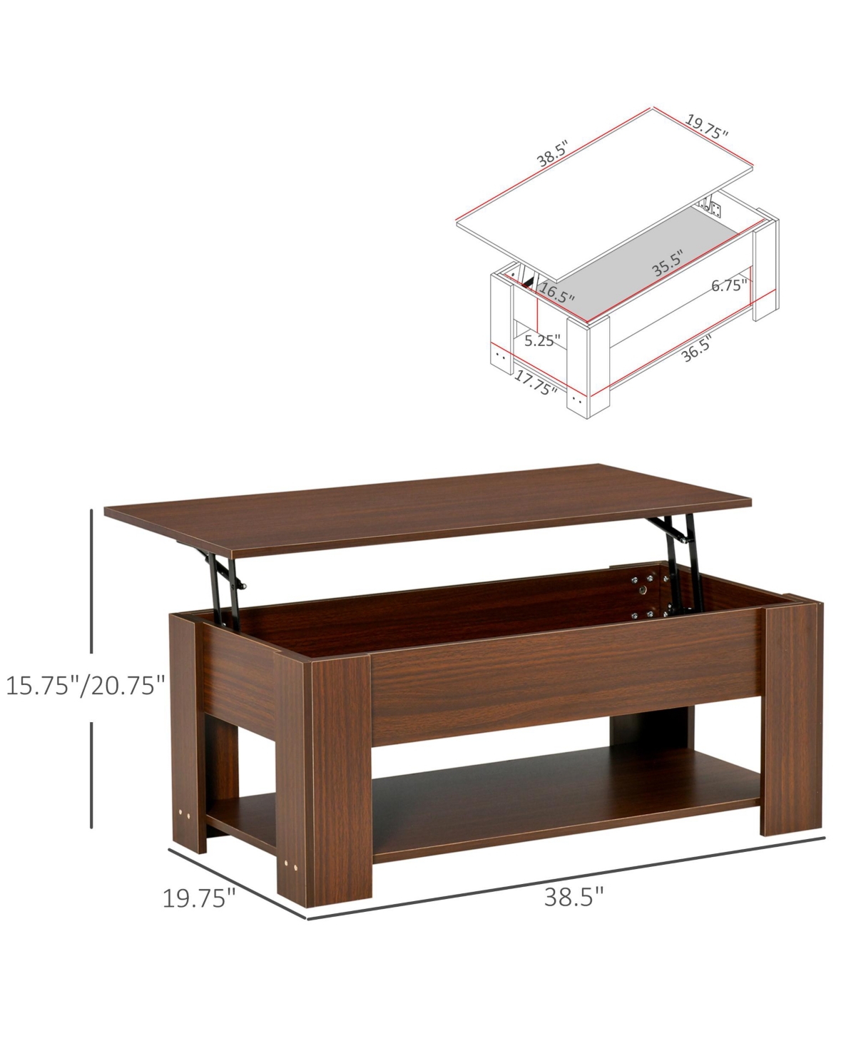 Homcom Lift Top Coffee Table with Hidden Storage Compartment and Open Shelf, Pop Up Coffee Table for Living Room,- Brown