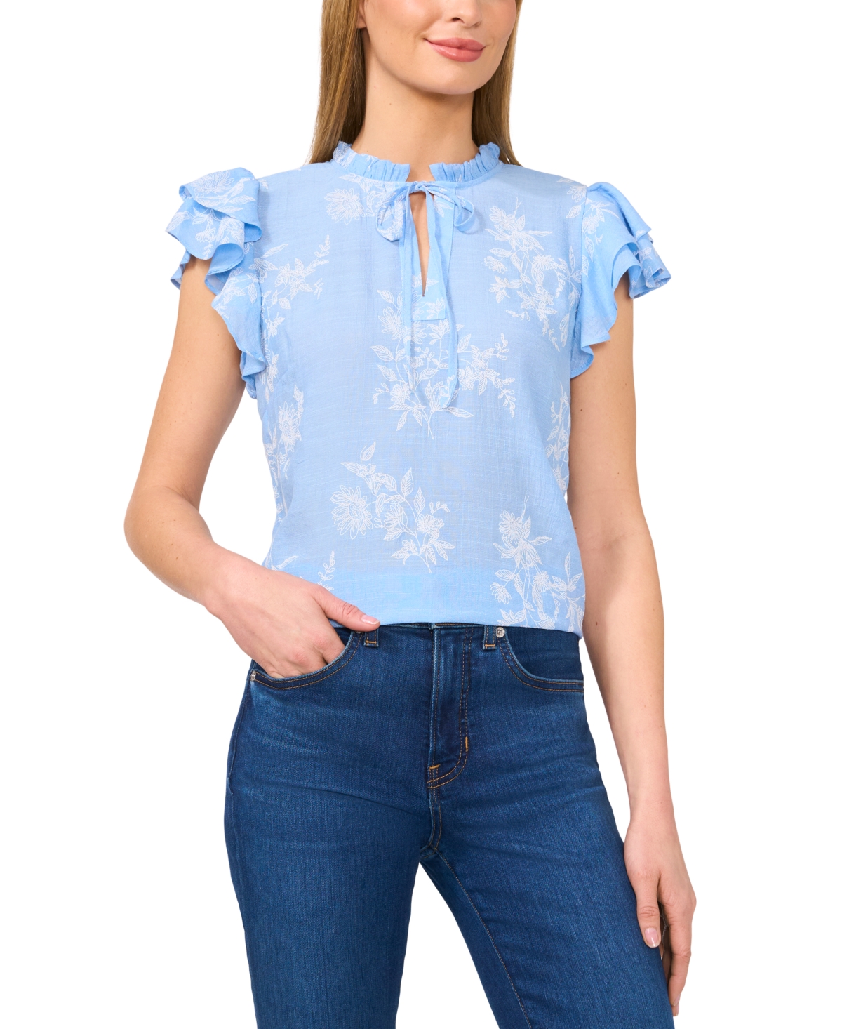 Women's Floral Tie-Front Flutter-Sleeve Top - Waterfall