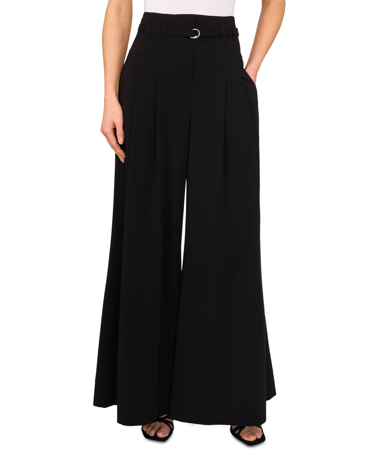 Women's Belted High-Waisted Super-Wide-Leg Pants - Rich Black