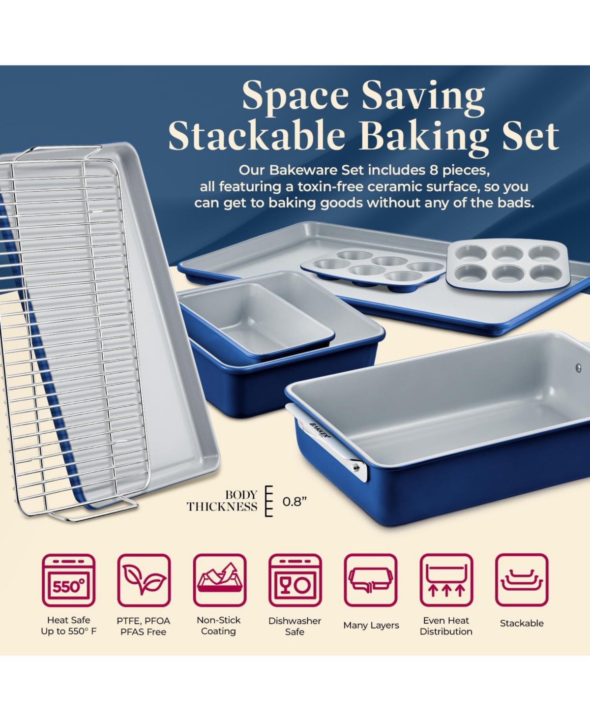 Bakken Swiss Bakken 8-Piece Stackable Bakeware Set - Ceramic Non-Stick Coating, Baking Sheets, Assorted Baking Pans, Ptfe, Pfoa & Pfos Free - Healthy