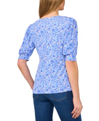 Women's Floral Shirred Scoop-Neck 3/4-Sleeve  Knit Top