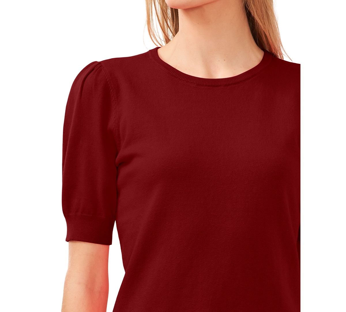 Cece Women's Crewneck Puff Sleeve Cotton Sweater In Claret Red