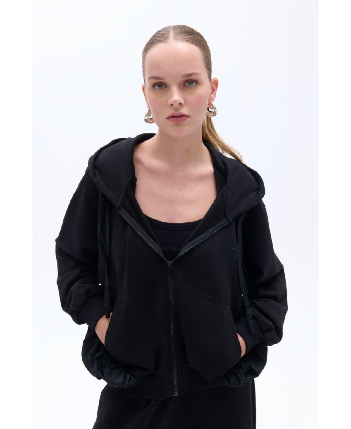 Women's Zipper-Front Oversized Hooded Sweatshirt - Black