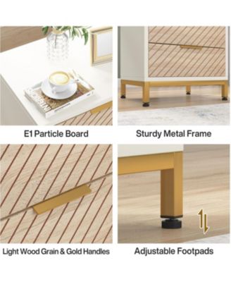 Night Stands Set of 2, Nightstand with 3 Drawers White and Gold Light Wood Grain Nightstands Bedside End Tables Storage for Bedrooms