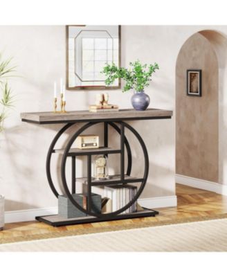 Industrial 4-Tier Console Table with Circle Base and Storage Shelves, 41.3-Inch Narrow Accent Sofa Table for Entryway or Living Room