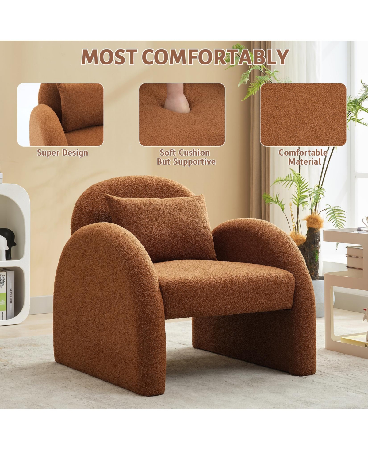 gaomon Sherpa Accent Chair, Teddy Upholstered Armchair, Modern Fluffy Reading Chair for Living Room, Bedroom, & Office Study, Mid-Century Velvet White