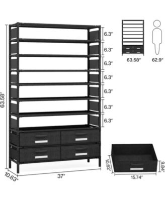 10-Tier Shoe Storage Organizer with 4 Bin Drawers, 32 Pairs Vertical Shoe Rack for Closet, Entryway, Bedroom, Hallway, or Garage, Tall Free-Standing Shoe Shelf, Storage Organization Clearance (Black)